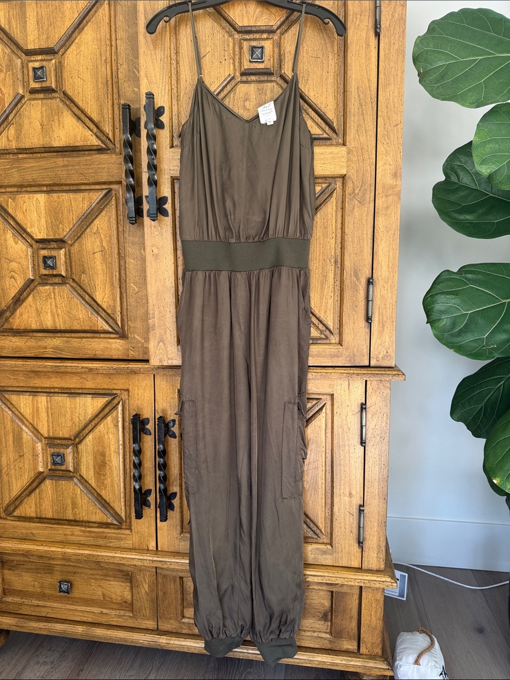 cinq a sept Olive Brown Spaghetti-Strap Jumpsuit